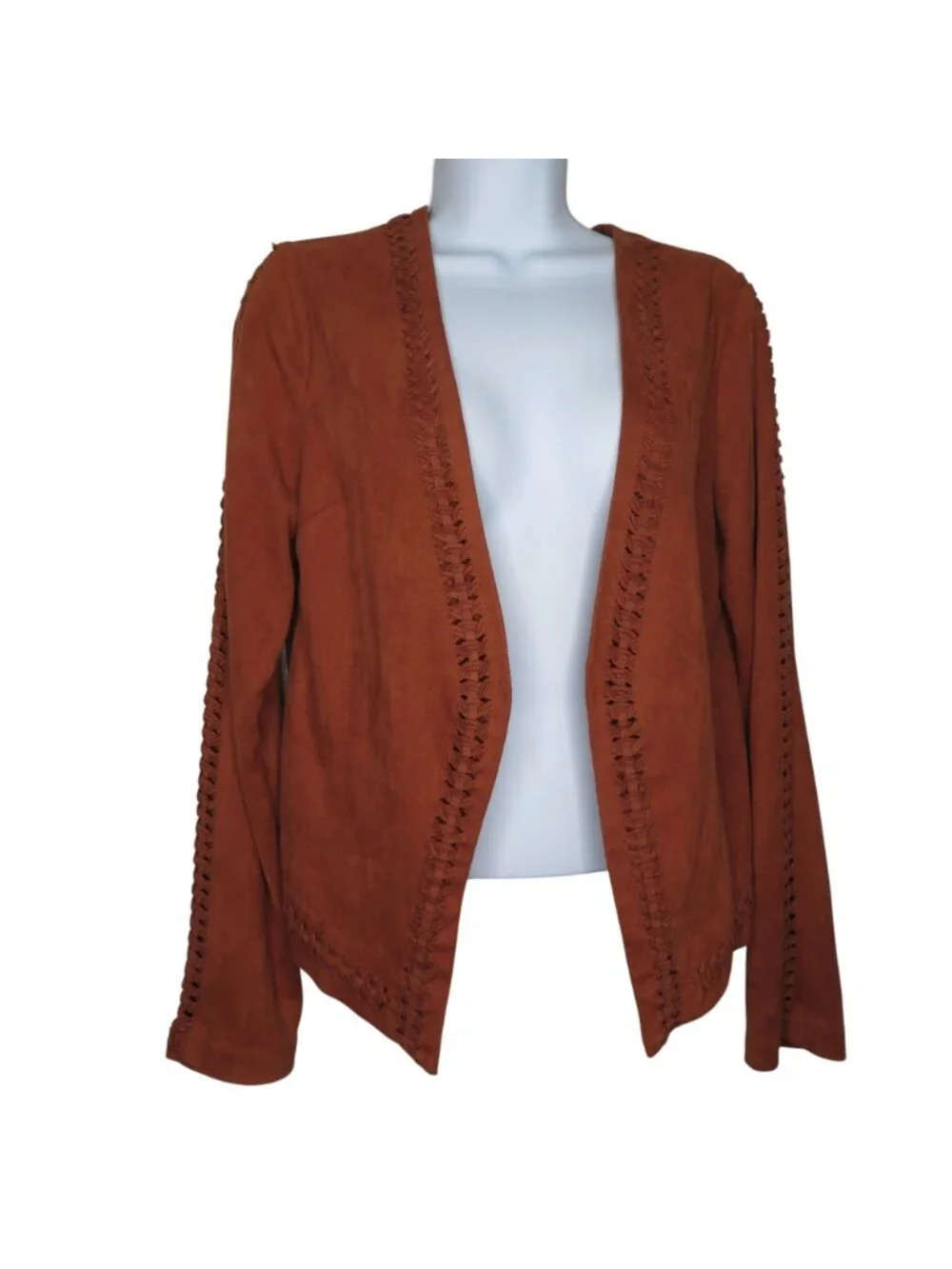 Gianni Bini Rust Faux Suede Open Front Jacket Intricate Braided Trim Long Sleeve